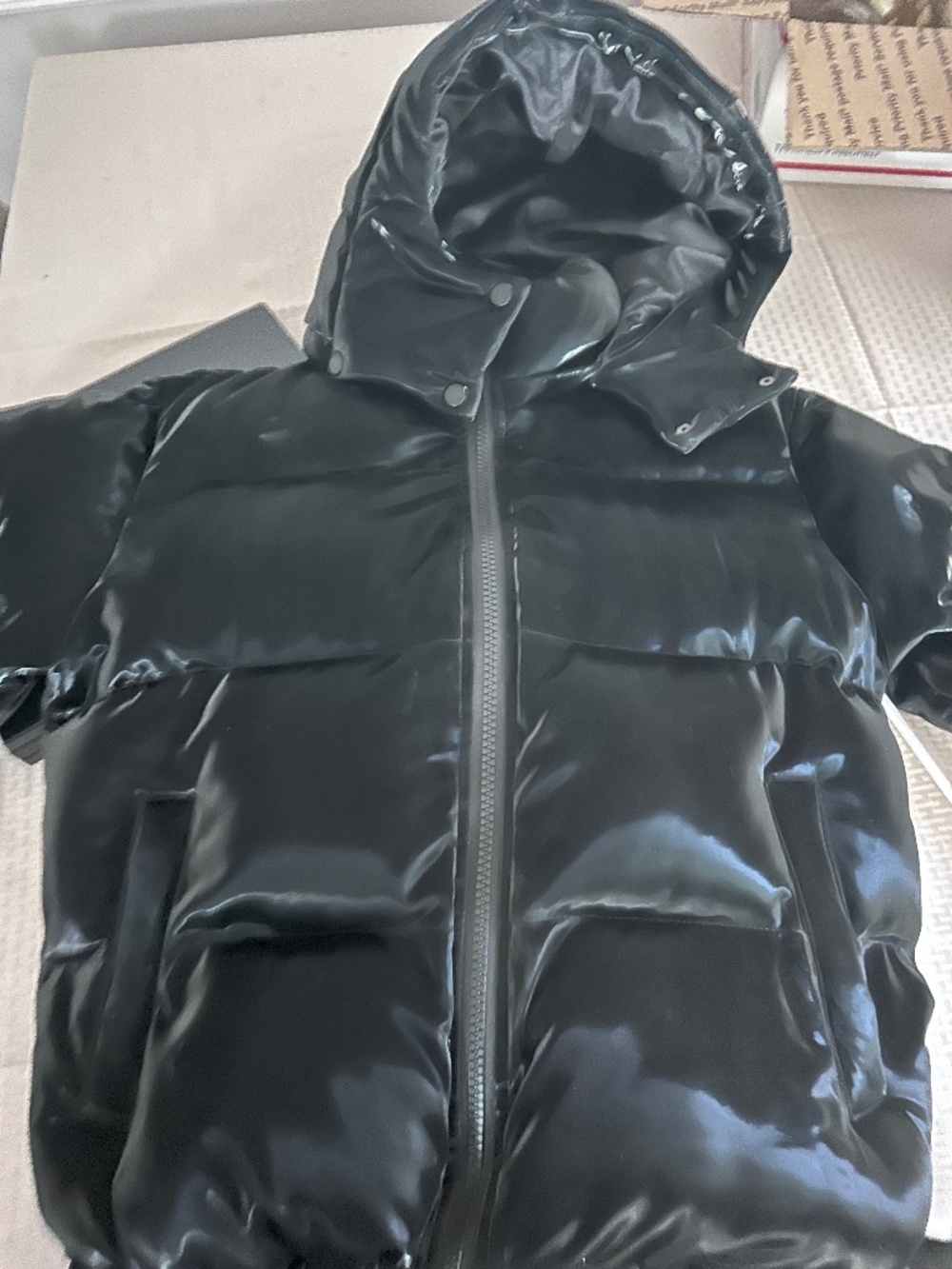 Easel Los Angeles Black Glossy Hooded Puffer Jacket S NWOT